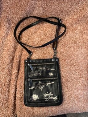 Harley-Davidson Black Leather Mini Crossbody Bag with Silver Zippers